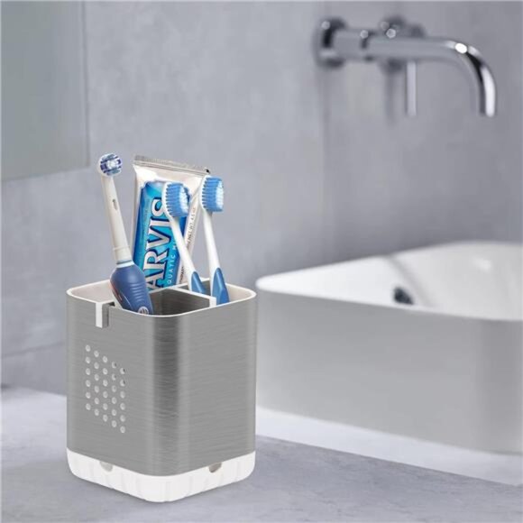Toothbrush Holder Toothpaste Organizer Bathroom Counter Caddy 3 Slot Drainage - Picture 2 of 7